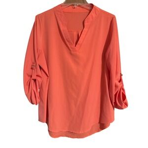 Coral V Neck Roll Tab Sleeve Casual Tunic Top Women XL Polyester Spandex